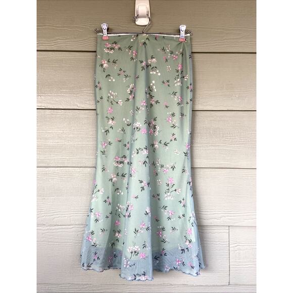 Shein Green Mesh Overlay Pink Floral Flower Cottagecore Midi Skirt Petite XS - Picture 3 of 6